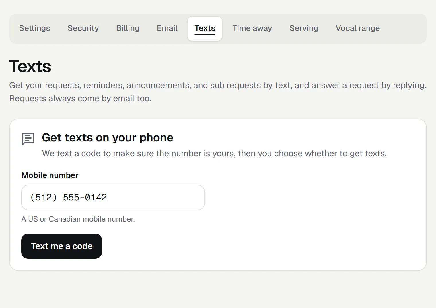 The Texts page: Get texts on your phone, a Mobile number box with (512) 555-0142 typed in, and a Text me a code button.