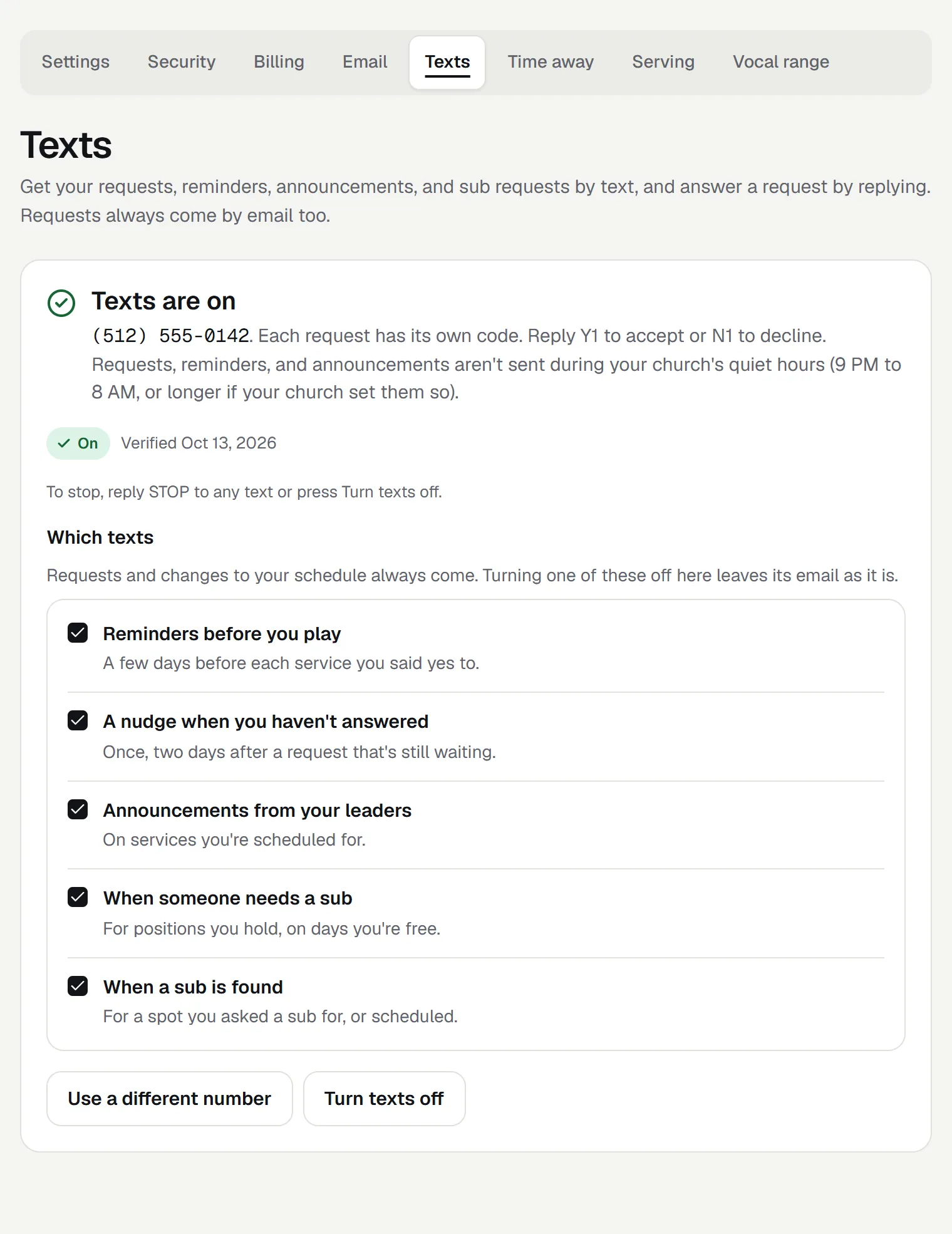 The Texts page after opting in: Texts are on, the verified number, To stop, reply STOP to any text or press Turn texts off, the kinds of text to choose from, and a Turn texts off button.