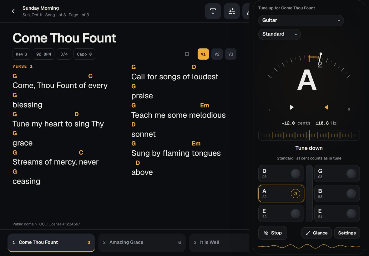 The tuner on an iPad held sideways: a panel beside the chart on the stage, the strings laid out like a headstock, the chart still readable