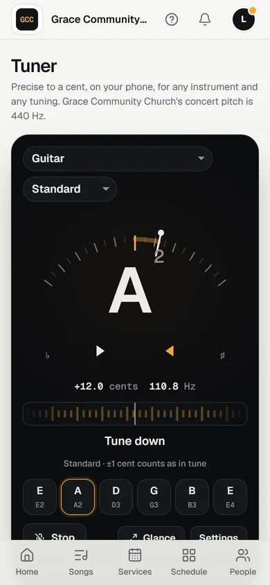 The tuner on a phone, listening: an A twelve cents sharp, the needle to the right, the strings along the bottom