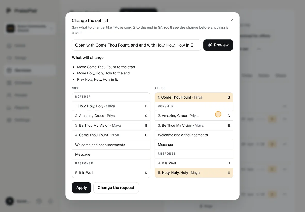 Change the set by typing: a change asked for in words, shown before and after, ready to apply