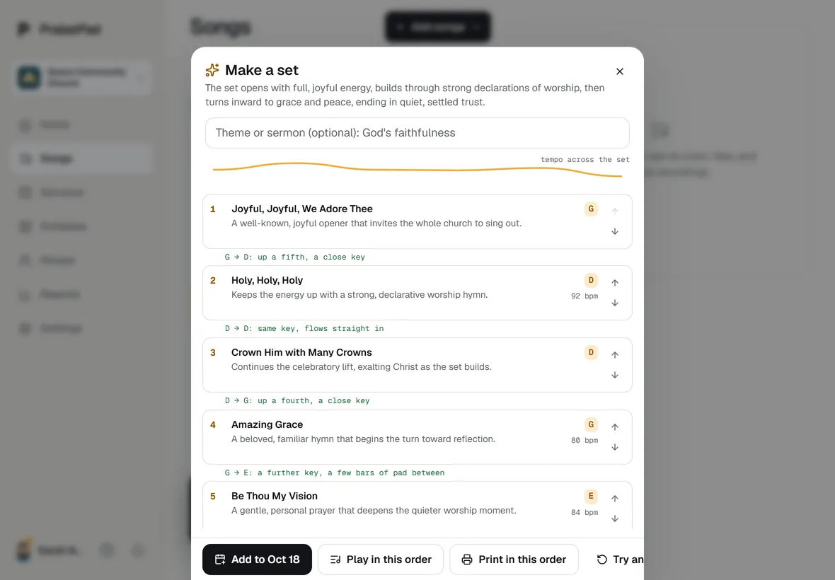 Make a set on an iPad: six chosen hymns in an order to sing, each with a reason, a note between each pair on how they join, and a line across the top for the tempo