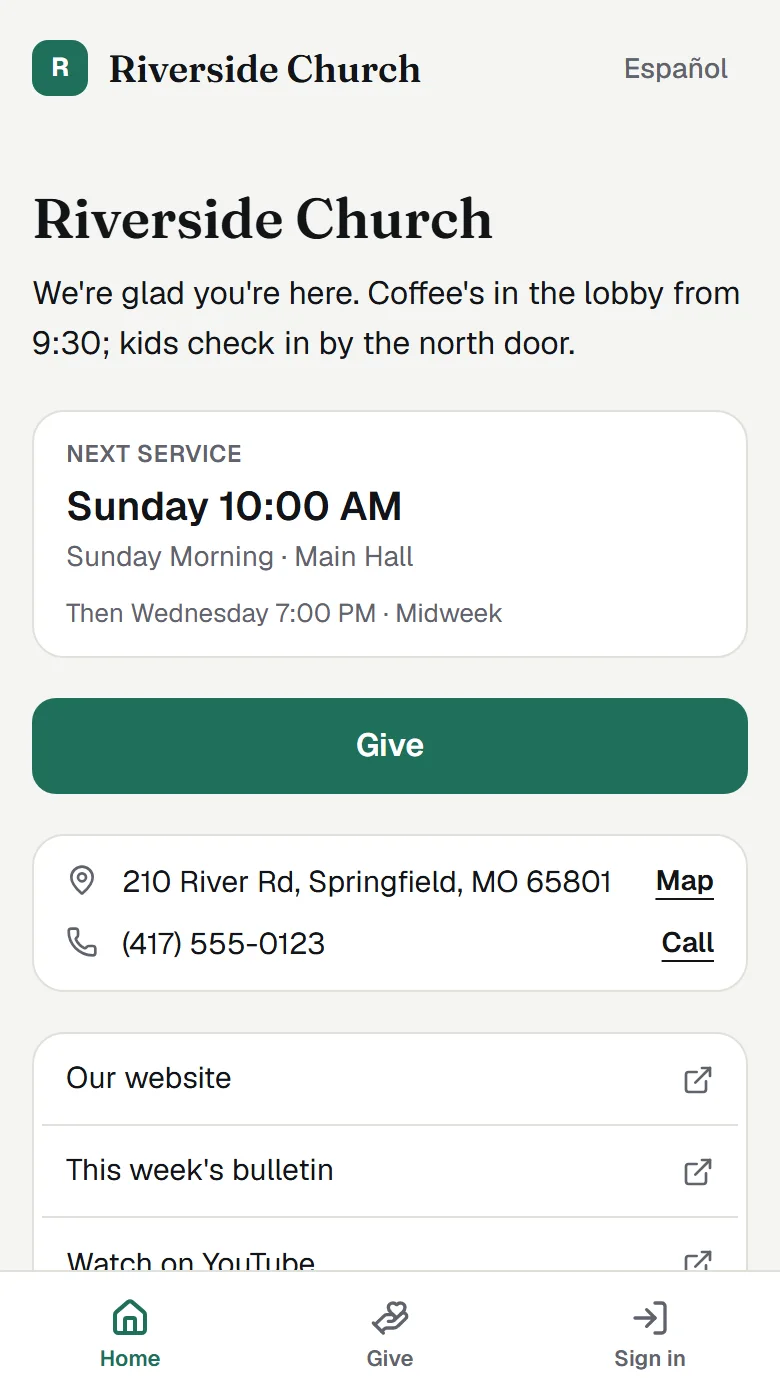 A church's page on a phone: its name and welcome, the next service, a Give button, the address and phone with Map and Call, and the church's links