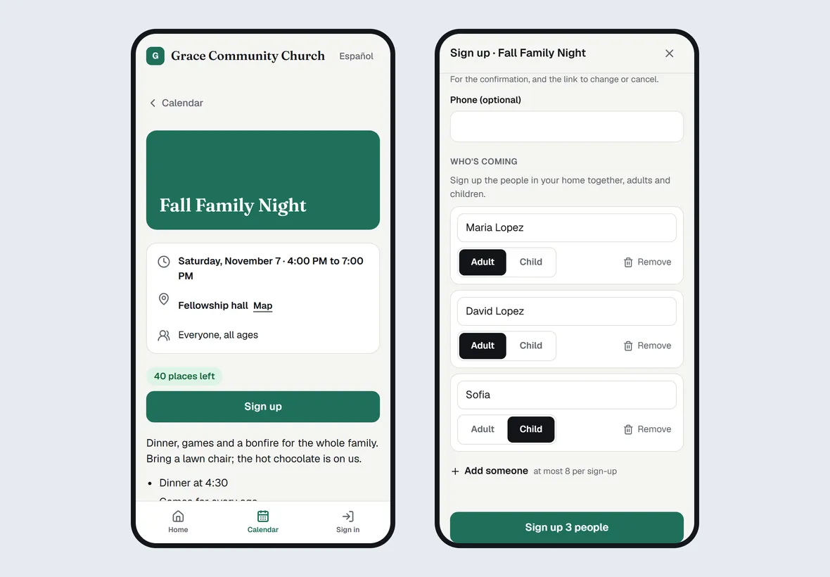 Two phones on a church site: an event's page with its date, its place, 40 places left and Sign up, and the sign-up filled in for a family of three, two adults and a child