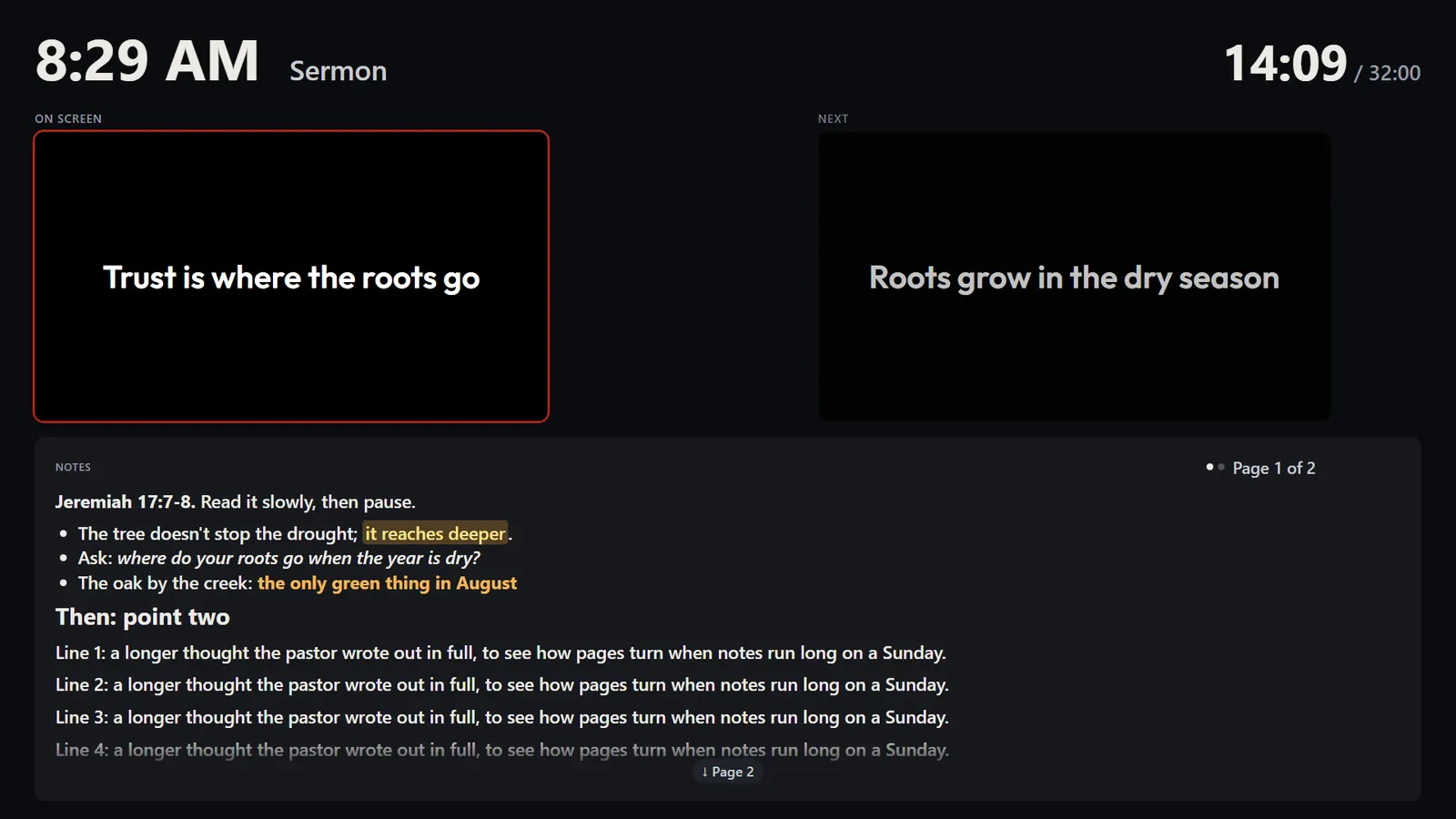 The pastor's screen with the slide on screen and the next one, and formatted notes across the full width with Page 1 of 2