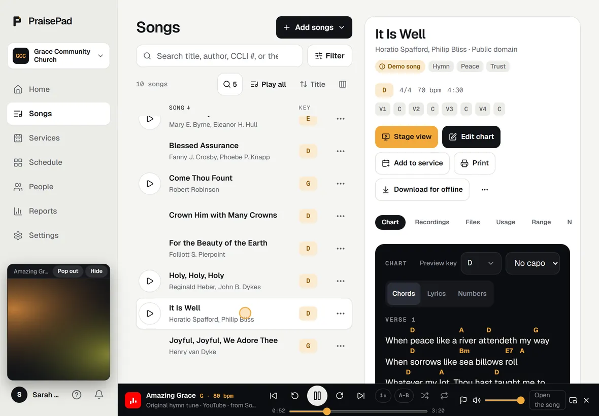 Play all on the songs list: the player bar comes up with the video beside it in the sidebar, and keeps playing while a song opens and the Services page loads