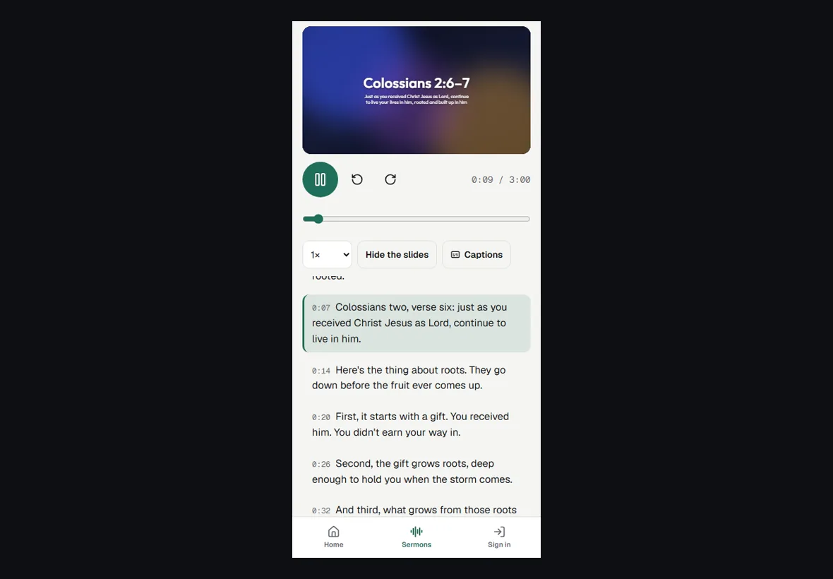 A published sermon on a church page on a phone: the slide pinned at the top turns as it plays, and Read along highlights each paragraph as it's said