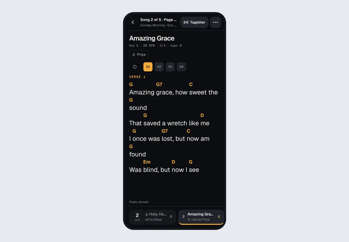 The stage on a phone: one column, the chords over the words, and a short bar along the top