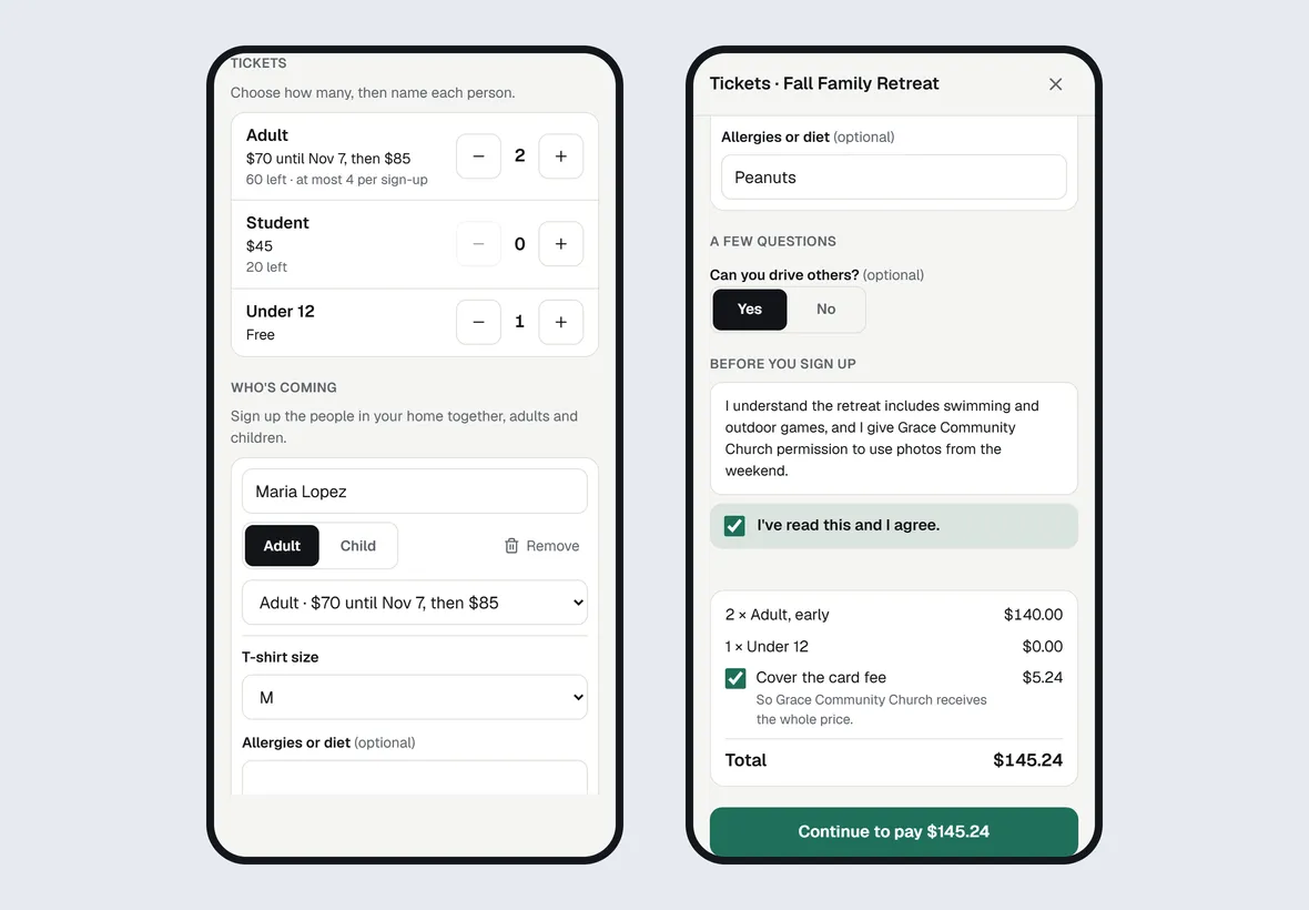 Two phones on a church site: a retreat's ticket sheet with two Adult tickets at their early price and a free Under 12 ticket for a family of three, and the same sheet with its agreement ticked, the card fee covered and Continue to pay